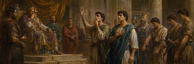 Two brothers stand resolutely before Antiochus, signaling that neither threats nor silence can conquer their faith